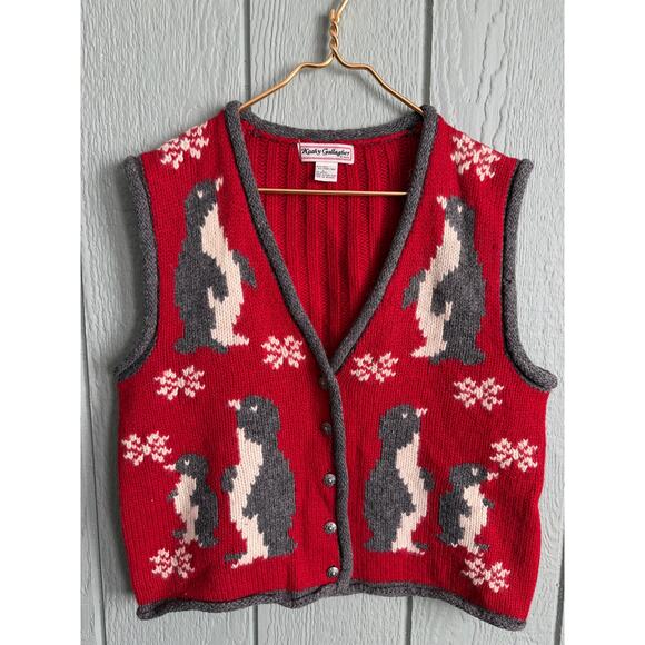 Vintage 1995 Kathy Gallagher Wool Penguin Sweater Vest – Women’s L Christmas - Picture 1 of 5